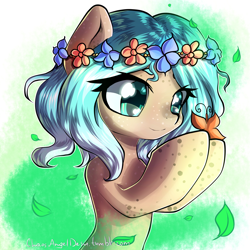 Size: 2000x2000 | Tagged: safe, artist:chaosangeldesu, oc, oc only, butterfly, earth pony, pony, female, floral head wreath, flower, hippie, mare, solo