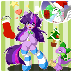 Size: 2000x2000 | Tagged: safe, artist:ragurimo, princess celestia, spike, twilight sparkle, alicorn, dragon, pony, semi-anthro, bipedal, christmas, christmas stocking, christmas tree, clothes, costume, cute, eyes closed, glowing horn, hat, heart, letter, magic, merry christmas, open mouth, pixiv, present, santa costume, santa hat, smiling, socks, standing, stockings, striped socks, thigh highs, thought bubble, tree, twiabetes