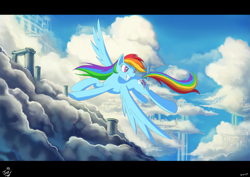 Size: 1311x926 | Tagged: safe, artist:jowyb, rainbow dash, pegasus, pony, backwards cutie mark, cloudsdale, female, flying, letterboxing, mare, scenery, signature, solo