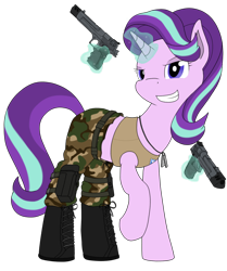 Size: 1024x1227 | Tagged: safe, artist:xphil1998, starlight glimmer, pony, unicorn, clothes, command and conquer, crossover, dog tags, dual wield, female, glowing horn, gun, handgun, hooves, horn, levitation, magic, mare, pistol, ponified, raised hoof, red alert, red alert 3, simple background, smiling, solo, tanya adams, teeth, telekinesis, transparent background, weapon