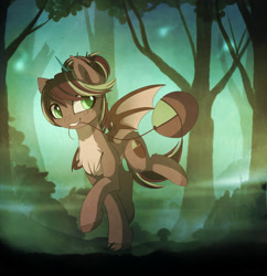 Size: 2680x2774 | Tagged: safe, artist:magnaluna, oc, oc only, oc:cocoa dot, bat pony, pony, colored pupils, commission, cute, female, forest, freckles, mare, raised hoof, running, smiling, solo