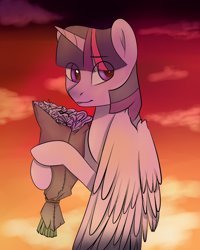 Size: 2000x2500 | Tagged: safe, artist:chickenbrony, twilight sparkle, twilight sparkle (alicorn), alicorn, pony, bouquet, cute, female, flower, international women's day, looking back, open mouth, simple background, smiling, solo