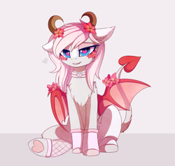 Size: 2849x2715 | Tagged: safe, artist:magnaluna, oc, oc only, oc:minxy bearheart, demon, pony, succubus, succupony, bedroom eyes, chest fluff, collar, commission, female, fishnet stockings, floppy ears, flower, flower in hair, heart, heart eyes, horn, mare, monster mare, sitting, solo, wingding eyes, wings