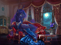 Size: 5411x3989 | Tagged: safe, artist:devinian, princess celestia, princess luna, tiberius, alicorn, pony, absurd resolution, alcohol, apple, balcony, beautiful, book, cewestia, clothes, cloud, cute, drapes, dress, ear piercing, female, filly, flower, food, fruit, glass, grapes, horn ring, hug, jewelry, lidded eyes, looking back, luxury, majestic, mare, moon, night, picture, piercing, pink-mane celestia, prone, scenery, scenery porn, sitting, smiling, sofa, solo, table, technical advanced, teddy bear, vase, window, wine, wine glass, woona, younger