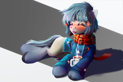 Size: 1920x1280 | Tagged: safe, artist:apostolllll, oc, oc only, earth pony, pony, clothes, cute, eyes closed, mug, scarf, solo, sweater, tongue out, unshorn fetlocks