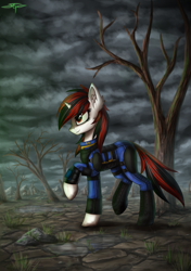 Size: 1748x2480 | Tagged: safe, artist:setharu, oc, oc only, oc:blackjack, pony, unicorn, fallout equestria, fallout equestria: project horizons, clothes, dead tree, fanfic, fanfic art, female, hooves, horn, mare, pipbuck, raised hoof, solo, tree, vault suit, wasteland