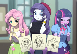 Size: 1023x723 | Tagged: safe, artist:agaberu, artist:fluttershy, artist:rarity, artist:twilight sparkle, fluttershy, rarity, spike, twilight sparkle, dog, human, equestria girls, artception, bare shoulders, beatnik rarity, beret, blushing, bracelet, clothes, drawing, eyeshadow, female, french rarity, hat, humans doing horse things, jewelry, lidded eyes, makeup, mouth hold, offscreen character, pixiv, realistic, shirt, skirt, sleeveless sweater, smiling, smug, smugity, spike the dog, stylistic suck, sweater