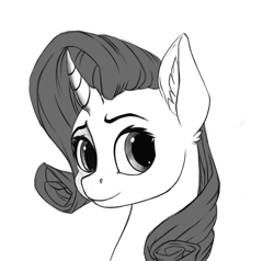 Size: 1149x1095 | Tagged: safe, artist:vistamage, rarity, pony, unicorn, bust, curved horn, monochrome, portrait, solo