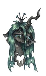 Size: 833x1359 | Tagged: dead source, safe, artist:rinioshi, queen chrysalis, changeling, changeling queen, bust, crying, female, looking down, portrait, sad, simple background, solo, teary eyes, traditional art, transparent background, watercolor painting