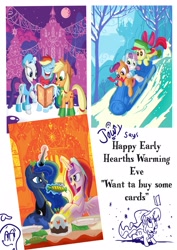 Size: 2480x3508 | Tagged: safe, artist:jowyb, apple bloom, applejack, princess cadance, princess luna, rainbow dash, rarity, scootaloo, sweetie belle, alicorn, earth pony, pegasus, pony, unicorn, book, boots, cake, candy, canterlot, card, caroling, christmas, clothes, cutie mark crusaders, earmuffs, happy, hat, hearth's warming eve, magic, moon, plate, santa hat, scarf, singing, sled, sledding, smiling, snow, telekinesis, text, town hall, tree, winter