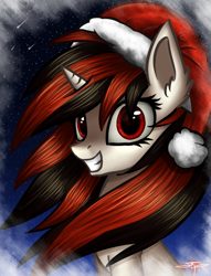 Size: 554x727 | Tagged: safe, artist:setharu, oc, oc only, oc:blackjack, pony, unicorn, fallout equestria, christmas, cute, ear fluff, female, grin, hat, holiday, looking at you, mare, night, outdoors, santa hat, shooting star, signature, sky, smiling, solo, stars, windswept mane, winter
