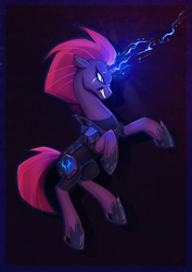Size: 1414x2000 | Tagged: safe, artist:stasysolitude, fizzlepop berrytwist, tempest shadow, pony, unicorn, my little pony: the movie, armor, badass, broken horn, electricity, female, rearing, solo
