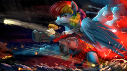 Size: 1920x1080 | Tagged: safe, artist:discordthege, rainbow dash, pegasus, pony, clothes, crying, female, giant pony, giant rainbow dash, kantai collection, macro, mare, mega/giant rainbow dash, necktie, ocean, patreon, patreon logo, shipmare, skirt, solo