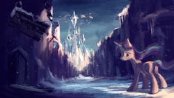 Size: 1653x930 | Tagged: safe, artist:plainoasis, starlight glimmer, pony, castle, crystal empire, looking back, scenery, snow, solo, wasteland