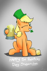 Size: 1984x3024 | Tagged: safe, artist:oinktweetstudios, applejack, earth pony, pony, cider, clover, female, four leaf clover, freckles, gradient background, grin, hat, hoof hold, hooves, mare, mouth hold, mug, one eye closed, saint patrick's day, sitting, smiling, solo, tankard, wink