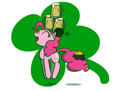 Size: 1280x960 | Tagged: safe, artist:flutterluv, pinkie pie, earth pony, pony, cider, clover, cutie mark, eyes closed, female, happy, hat, hooves, mare, mug, open mouth, pot of gold, pronking, saint patrick's day, solo, tail hold, tankard