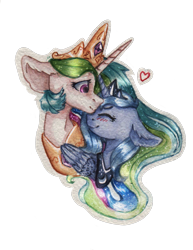 Size: 1295x1679 | Tagged: safe, artist:rinioshi, princess celestia, princess luna, alicorn, pony, blushing, crown, duo, eyes closed, female, floppy ears, heart, hug, jewelry, mare, necklace, regalia, royal sisters, simple background, sisterly love, traditional art, transparent background