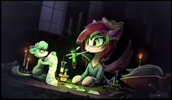 Size: 1336x782 | Tagged: safe, artist:ramiras, oc, oc only, oc:gadget, oc:precious metal, pegasus, pony, book, bow, candle, commission, duo, experiment, female, goggles, hair bow, mare, mouth hold, paper, potion