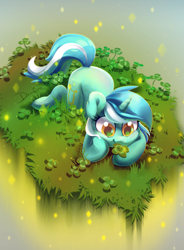 Size: 1475x2005 | Tagged: safe, artist:dawnfire, lyra heartstrings, pony, unicorn, clover, cute, four leaf clover, grass, lyrabetes, prone, saint patrick's day, smiling, solo