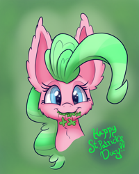 Size: 1000x1250 | Tagged: safe, artist:heir-of-rick, pinkie pie, earth pony, pony, alternate hair color, bust, cheek fluff, clover, ear fluff, eating, four leaf clover, impossibly large ears, looking at you, portrait, saint patrick's day, smiling, solo