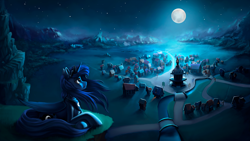 Size: 5120x2880 | Tagged: safe, artist:l1nkoln, princess luna, alicorn, pony, absurd resolution, cliff, commission, female, folded wings, forest, full moon, looking away, looking up, mare, moon, moonlight, mountain, night, ponyville, prone, river, scenery, scenery porn, sky, solo, stars