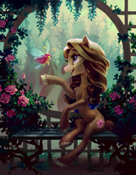 Size: 1975x2528 | Tagged: safe, artist:holivi, oc, oc only, breezie, earth pony, pony, commission, duo, female, flower, freckles, garden, looking at each other, mare, open mouth, reaching out, rose, sitting, smiling, tree