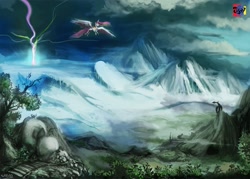 Size: 3148x2252 | Tagged: safe, artist:jowyb, princess celestia, alicorn, dragon, pony, aurora crystialis, flying, scenery