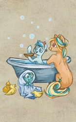 Size: 800x1280 | Tagged: artist needed, safe, oc, oc only, duck, bath, bathtub, claw foot bathtub, foal, my little brony risovach, rubber duck, shower, towel, toy ship