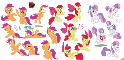 Size: 4290x2086 | Tagged: safe, artist:jowyb, apple bloom, scootaloo, sweetie belle, applebuse, black eye, brush, brushie, circling stars, crazy face, crying, cutie mark crusaders, derp, dizzy, expressions, faic, injured, magic, open mouth, sad, scared, sketch, sketch dump, waving