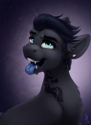 Size: 800x1100 | Tagged: safe, artist:silentwulv, oc, oc only, oc:velk, earth pony, pony, fangs, looking at you, male, open mouth, piercing, solo, stallion, tattoo, tongue out, tongue piercing