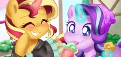 Size: 3172x1496 | Tagged: safe, artist:abbystarling, starlight glimmer, sunset shimmer, pony, unicorn, equestria girls, mirror magic, spoiler:eqg specials, blushing, clothes, cute, duo, duo female, equestria girls ponified, eyes closed, female, food, glimmerbetes, happy, ice cream, licking, ponified, shimmerbetes, smiling, tongue out