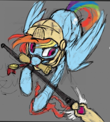 Size: 697x768 | Tagged: safe, artist:redchetgreen, rainbow dash, pegasus, pony, bridle, colored sketch, helmet, mouth hold, scroll, simple background, solo, spear, tack, weapon