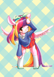 Size: 816x1158 | Tagged: safe, artist:unousaya, oc, oc only, oc:lucy softheart, pegasus, pony, semi-anthro, bandage, bipedal, blushing, bow, clothes, cute, female, high heels, looking at you, mare, multicolored hair, ocbetes, one eye closed, pleated skirt, school uniform, shoes, skirt, skirt lift, smiling, socks, solo, spread wings, wink