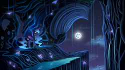 Size: 5000x2813 | Tagged: safe, artist:duskie-06, princess luna, alicorn, pony, absurd resolution, cavern, cloud, crown, crystal, digital art, duality, female, full moon, gem, high res, jewelry, mare, moon, night, night sky, regalia, scenery, scenery porn, signature, solo, stars, when you see it