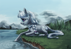 Size: 1900x1316 | Tagged: safe, artist:weird--fish, silver spoon, earth pony, pony, art trade, braid, cute, female, filly, glasses, grass, mountain, prone, ripples, solo, water