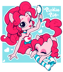 Size: 1280x1471 | Tagged: safe, artist:gatodelfuturo, artist:gaturo, pinkie pie, pony, equestria girls, brush, clothes, doll, equestria girls minis, four fingers, human ponidox, missing shoes, one eye closed, ponied up, self ponidox, socks, stockings, striped socks, thigh highs, tongue out, toy, wink