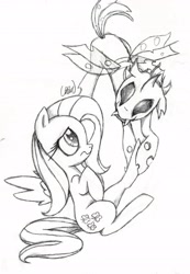 Size: 2182x3148 | Tagged: safe, artist:ethereal-desired, fluttershy, changeling, pegasus, pony, high res, monochrome, traditional art
