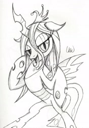 Size: 2103x3004 | Tagged: safe, artist:ethereal-desired, queen chrysalis, changeling, changeling queen, high res, monochrome, solo, traditional art