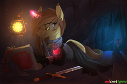 Size: 1359x900 | Tagged: safe, artist:redchetgreen, oc, oc only, oc:orfartina, pony, unicorn, book, clothes, female, glowing eyes, glowing horn, lantern, mare, potion, prone, reading, scar, solo, sword, weapon