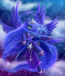 Size: 1280x1493 | Tagged: safe, artist:nefyfeiri, princess luna, alicorn, pony, seraph, anatomically incorrect, clothes, cloud, dress, flying, horn jewelry, incorrect leg anatomy, jewelry, multiple wings, night, night sky, solo, sparkly mane, stars