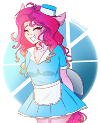 Size: 1400x1700 | Tagged: safe, artist:silbersternenlicht, pinkie pie, equestria girls, apron, arm behind back, clothes, cute, diapinkes, eyes closed, hat, ponied up, server pinkie pie, smiling, solo, waitress
