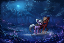 Size: 3259x2188 | Tagged: safe, artist:ramiras, cloudchaser, oc, oc:neostrike, pegasus, pony, canon x oc, commission, female, flower, forest, full moon, looking at each other, male, mare, moon, moonlight, neochaser, night, scenery, scenery porn, shipping, smiling, stallion, straight