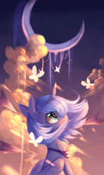 Size: 1600x2700 | Tagged: safe, artist:gianghanz, princess luna, alicorn, butterfly, pony, crescent moon, cute, female, filly, looking up, lunabetes, moon, profile, sitting, sky, solo, twilight (astronomy), windswept mane, woona, younger
