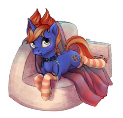 Size: 1261x1207 | Tagged: safe, artist:nikiho, oc, oc only, oc:fer, pony, unicorn, clothes, collar, leash, male, pet play, socks, solo, stallion, striped socks