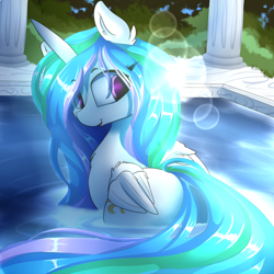 Size: 2400x2400 | Tagged: safe, artist:madacon, princess celestia, alicorn, pony, bathing, chest fluff, color porn, colored pupils, column, crepuscular rays, cute, cutelestia, female, looking back, mare, solo, swimming pool, water, wet, wing fluff