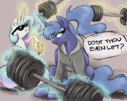 Size: 2500x2000 | Tagged: safe, artist:buttersprinkle, princess celestia, princess luna, alicorn, pony, :t, alternate hairstyle, banana, bananalestia, barbell, cheating, clothes, dialogue, do you even lift, duo, duo female, female, food, hoodie, levitation, lidded eyes, lifting, magic, mare, meme, open mouth, ponytail, royal sisters, s1 luna, sunglasses, telekinesis, weights, ye olde butcherede englishe, you're such a cheater bro