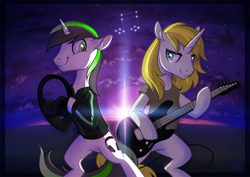 Size: 1800x1273 | Tagged: safe, artist:stasysolitude, oc, oc only, oc:soul strings, pony, unicorn, bipedal, clothes, constellation, duo, electric guitar, guitar, headphones, male, night, shirt, stallion