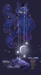 Size: 1000x1800 | Tagged: dead source, safe, artist:rinioshi, princess luna, twilight sparkle, alicorn, pony, book, dream walker luna, eyes closed, moon, prone, sleeping, stars