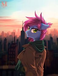 Size: 911x1200 | Tagged: safe, artist:margony, oc, oc only, anthro, bat pony, anthro oc, city, clothes, coat, fangs, female, floppy ears, gift art, looking at you, looking back, mare, scarf, scenery, smiling, solo, sunset