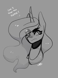 Size: 1746x2343 | Tagged: safe, artist:novabytes, princess celestia, alicorn, pony, bust, dialogue, frown, monochrome, solo, unamused